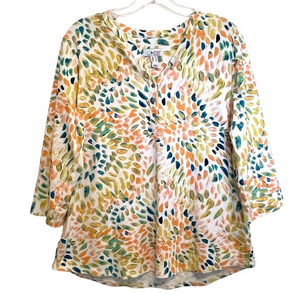 D & Co Dandelion Geo Henley Tee Womens Medium Multicolor Cotton Casual Knit Top - Picture 1 of 7